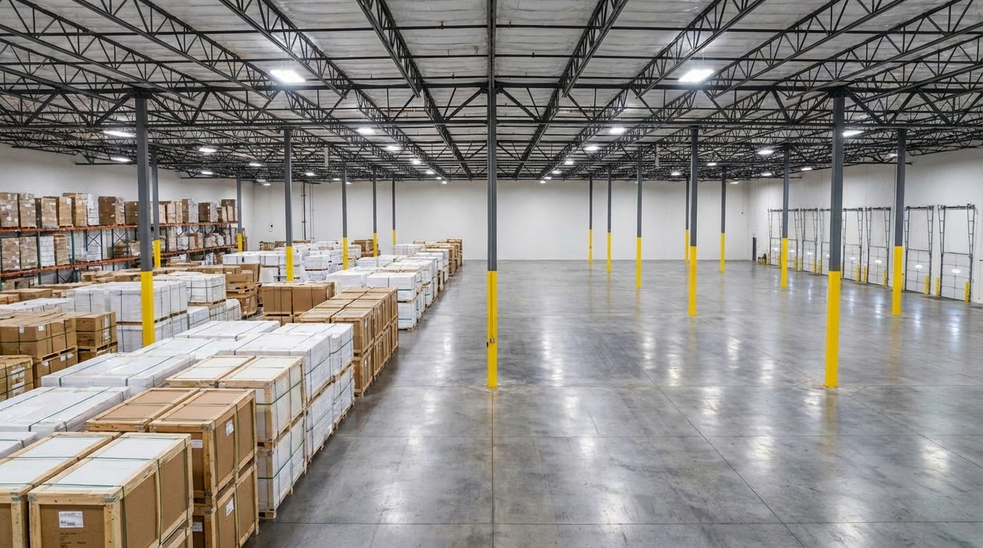 Expansive warehouse interior with rows of stored materials and high ceilings