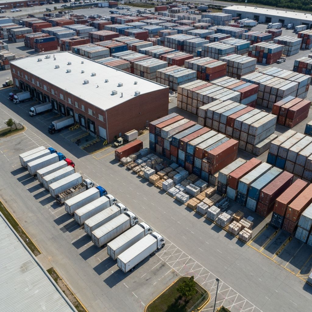 Aerial view of outdoor storage yard with containers and materials at VS Warehouse